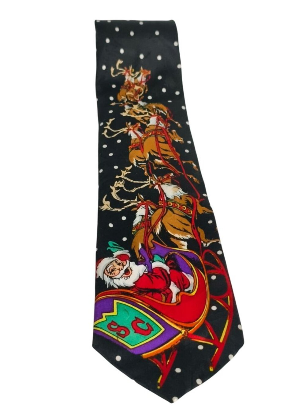 Surrey Santa Sleigh Christmas Tie Black Reindeer Novelty Colorful Holiday Design
